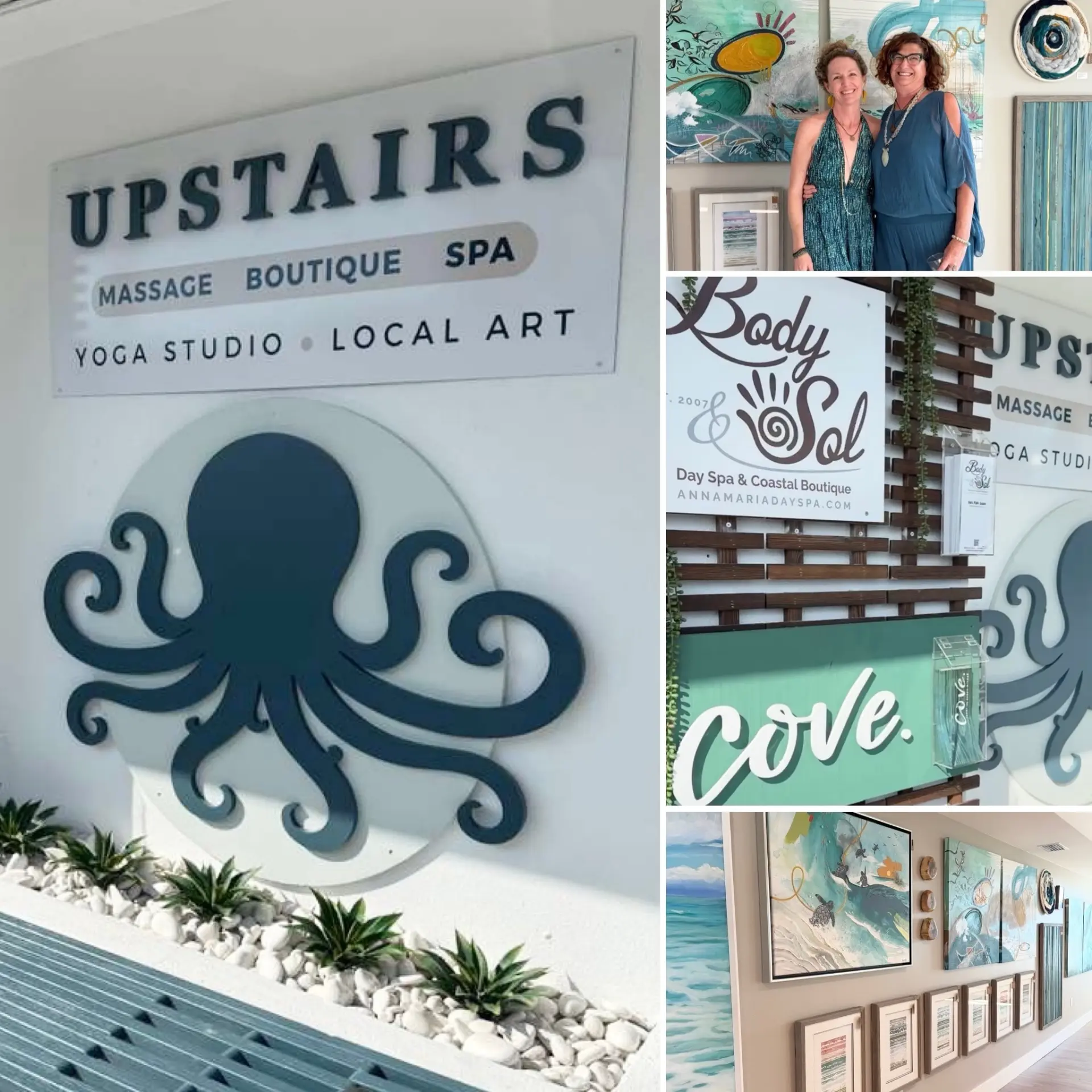 Upstairs at the north end, signage, gallery wall of Cove art, and neighboring Body & Sol day spa
